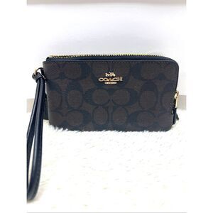 Coach Double  Corner Zip Wristlet Wallet in Sig Canvas F87591 Brown/Black